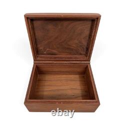 Vtg Roger Sloan Carved Walnut Wood Box with Inlaid Oak Root Cross Sections Lid