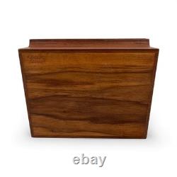 Vtg Roger Sloan Carved Walnut Wood Box with Inlaid Oak Root Cross Sections Lid