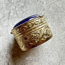 Western Antique Limoges Small Pill Case, Round Box, Dark Navy