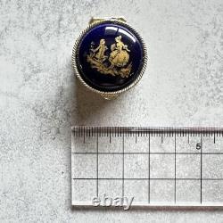 Western Antique Limoges Small Pill Case, Round Box, Dark Navy