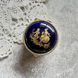 Western Antique Limoges Small Pill Case, Round Box, Dark Navy