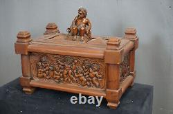 XL French vintage oak wood carved box putti cherub figural decors