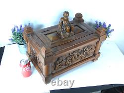 XL French vintage oak wood carved box putti cherub figural decors