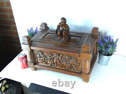 XL French vintage oak wood carved box putti cherub figural decors