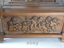 XL French vintage oak wood carved box putti cherub figural decors