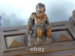 XL French vintage oak wood carved box putti cherub figural decors