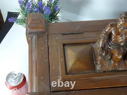 XL French vintage oak wood carved box putti cherub figural decors