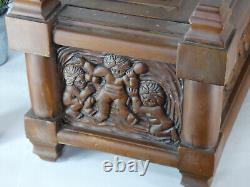 XL French vintage oak wood carved box putti cherub figural decors