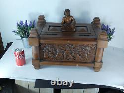 XL French vintage oak wood carved box putti cherub figural decors