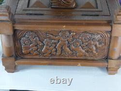 XL French vintage oak wood carved box putti cherub figural decors