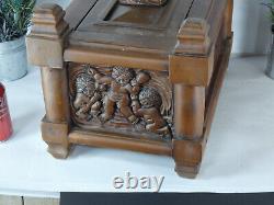 XL French vintage oak wood carved box putti cherub figural decors